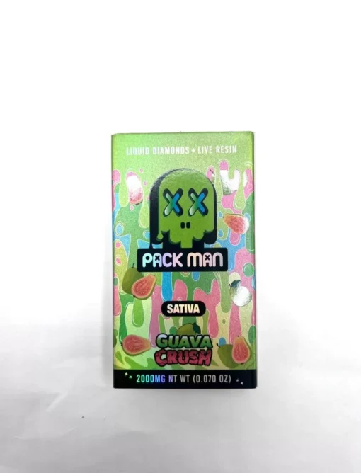 Experience Packman Quava Crush, a premium 2g disposable cart enriched with Liquid Diamonds + live resin. Enjoy the exotic, potent flavors of guava in every puff.Perfect for discerning users seeking top-tier cannabis products.Packman Guava Crush for sale in stock.