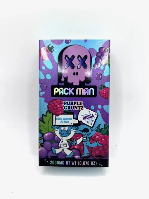 Explore Packman Purple Gruntz: a 2g disposable vape with Liquid Diamonds + live resin. Experience deep flavors and potent effects from our top-tier Packman carts.