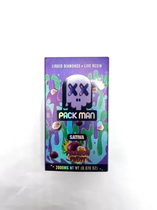Experience the exotic Packman Passion Fruit, a 2g disposable vape infused with Liquid Diamonds + live resin. Enjoy intense flavors and potent effects with every puff. Perfect for those seeking premium, convenient cannabis from Packman carts.